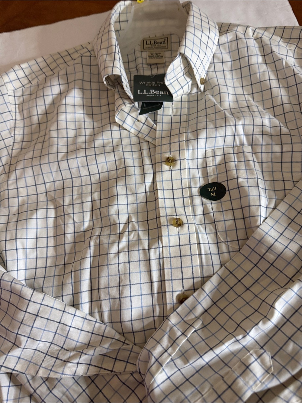 L.L. Bean White Button-Down Shirt with Blue Windowpane Check